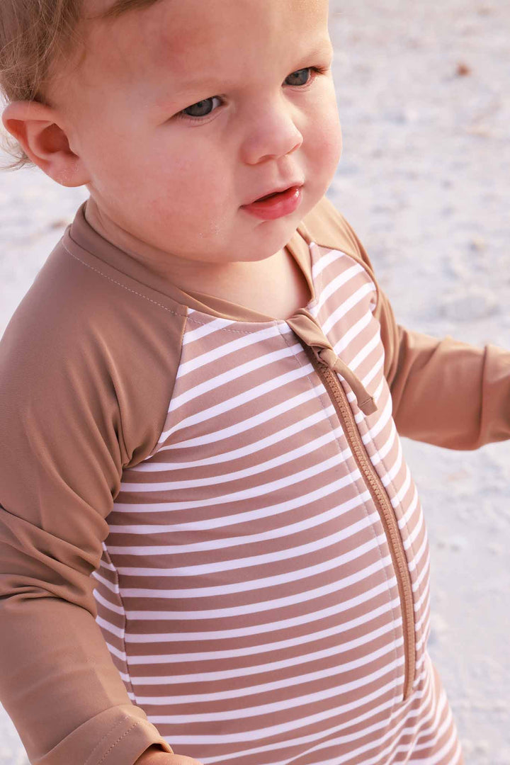 brown and white stripe swimsuit romper for baby boys 