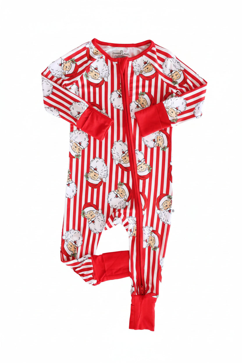 Red and white striped onesie with Caden Lane Santa Claus pattern on a white background