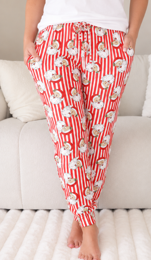 Caden Lane Santa Claus Lane women's pajama joggers – red and white stripe with vintage Santa portrait print, cuffed ankle, front pockets