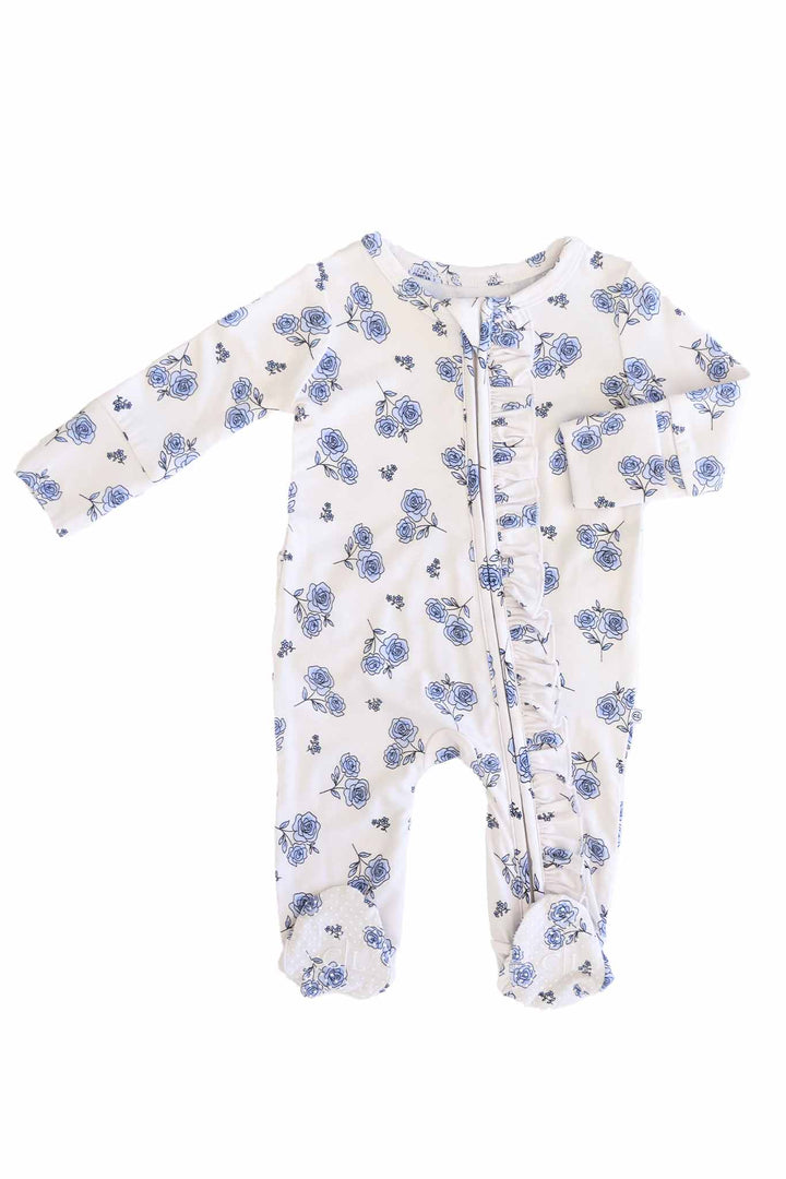 long sleeve ruffle footie for girls with flip mitts in sapphire garden print 