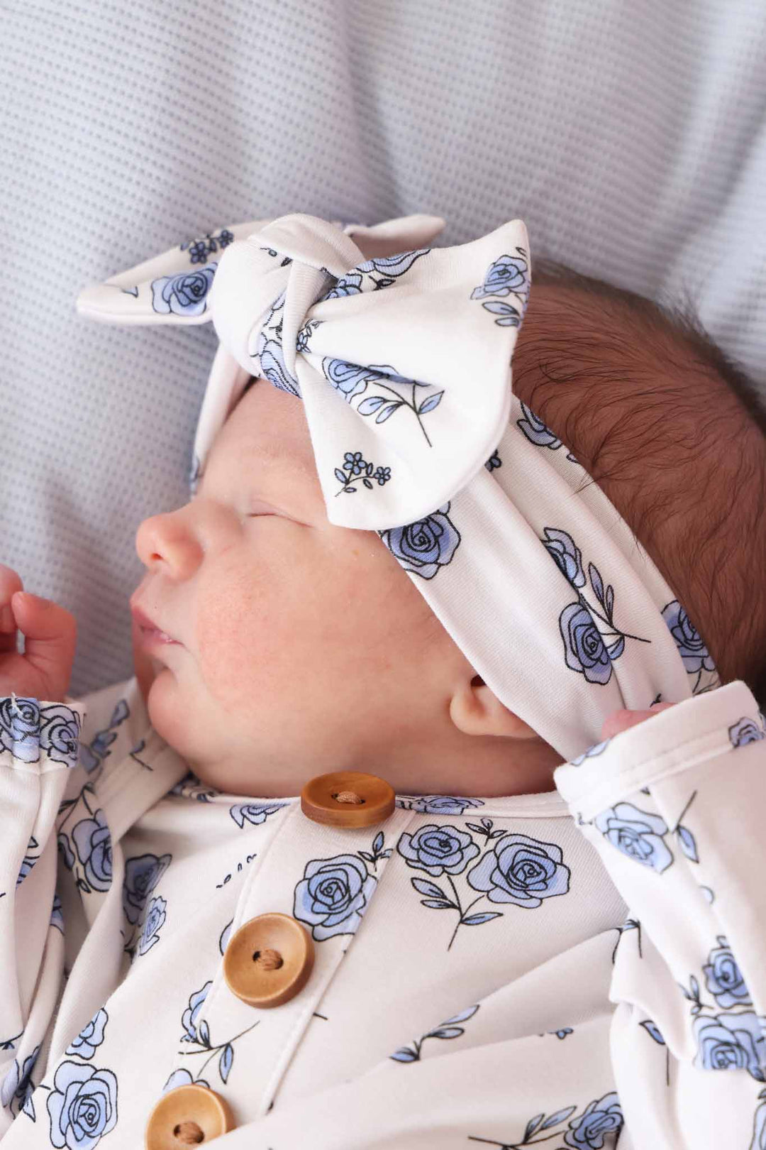 closeup of sapphire garden bamboo headwrap for baby girls 