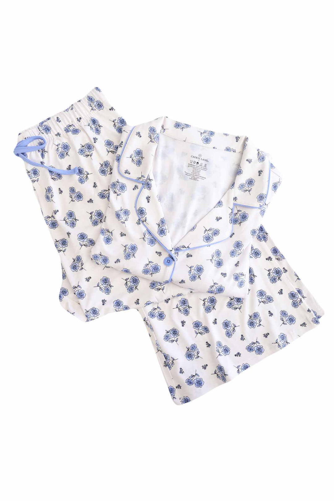 short sleeve women's button up flare lounge set with collar in blue rose print 