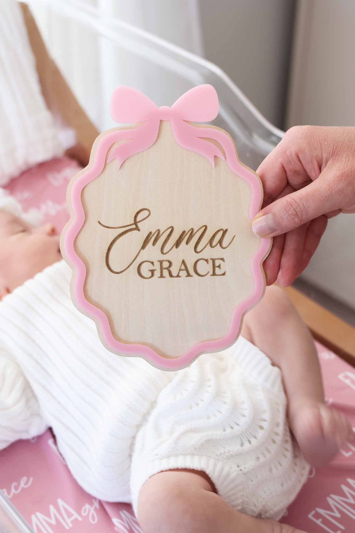 Personalized Wood Announcement | Scalloped Bow