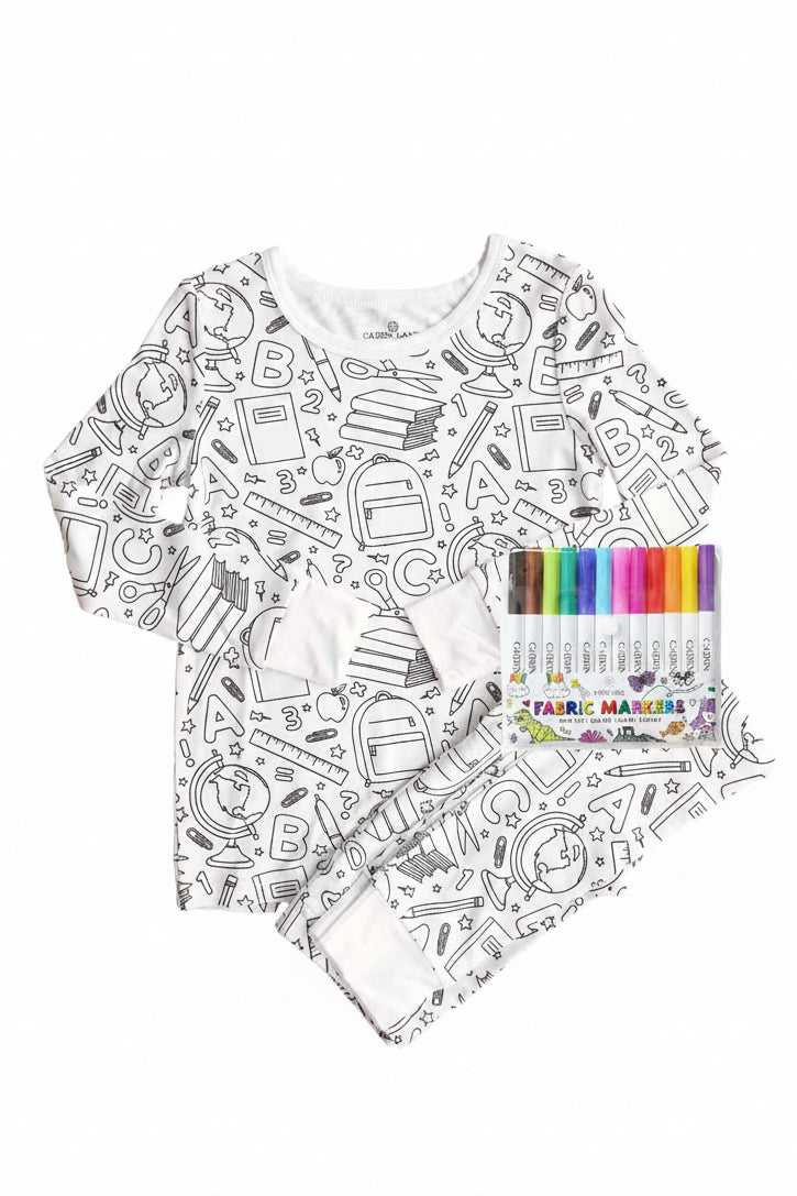 back to school two piece pajama set with markers 