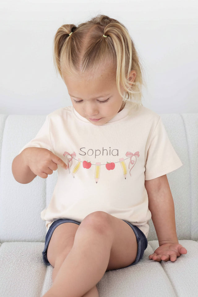 bow, pencil and apple garland graphic tee for kids 