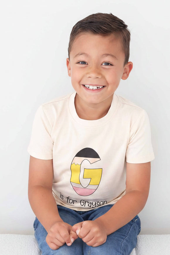 school graphic tee with pencil letter personalized 