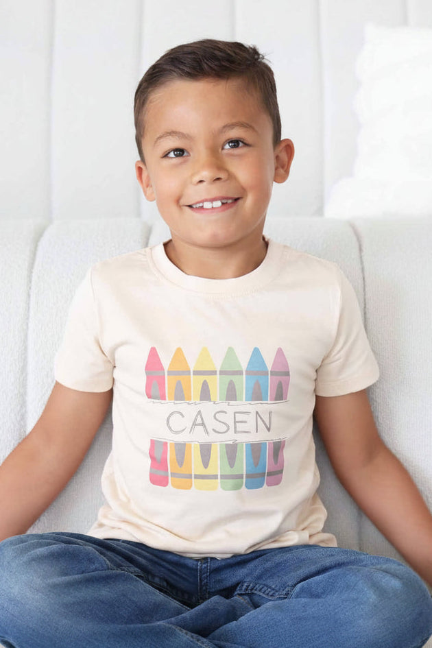school graphic tee for kids natural color with crayons and name 