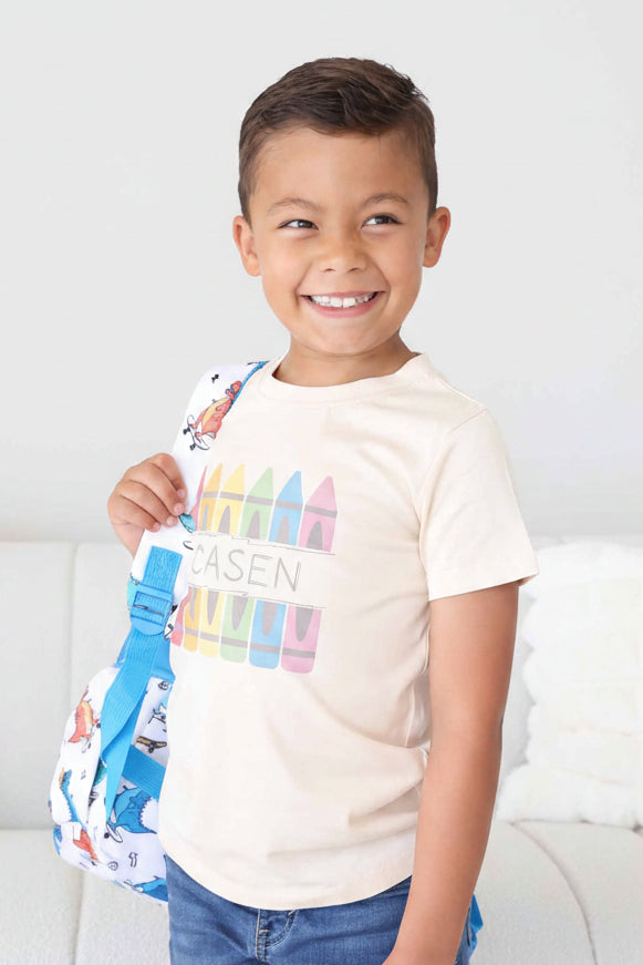 kids back to school graphic tee with name and crayons 