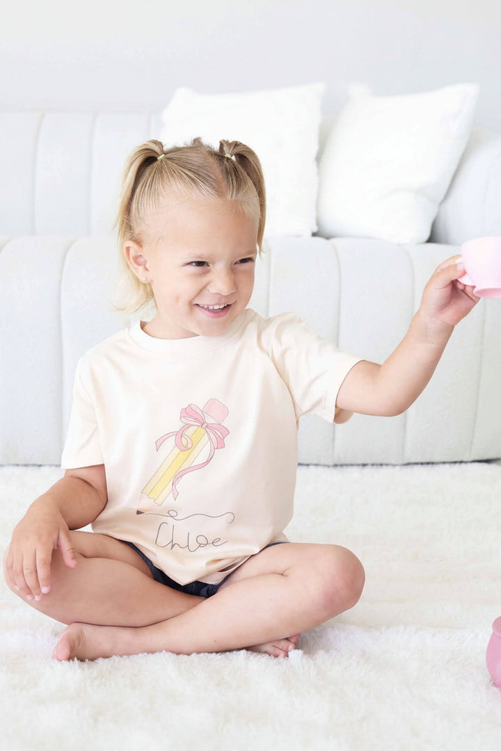bow pencil personalized graphic tee for girls 