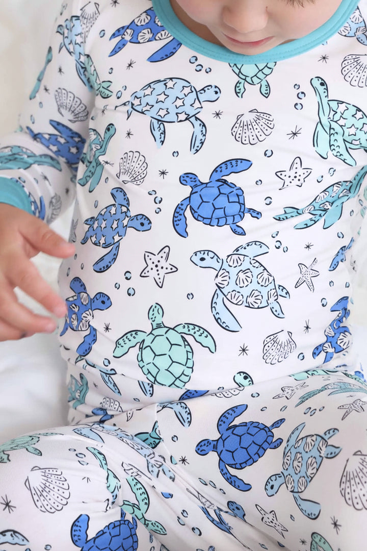 sea turtle splash two piece pajama set for kids 