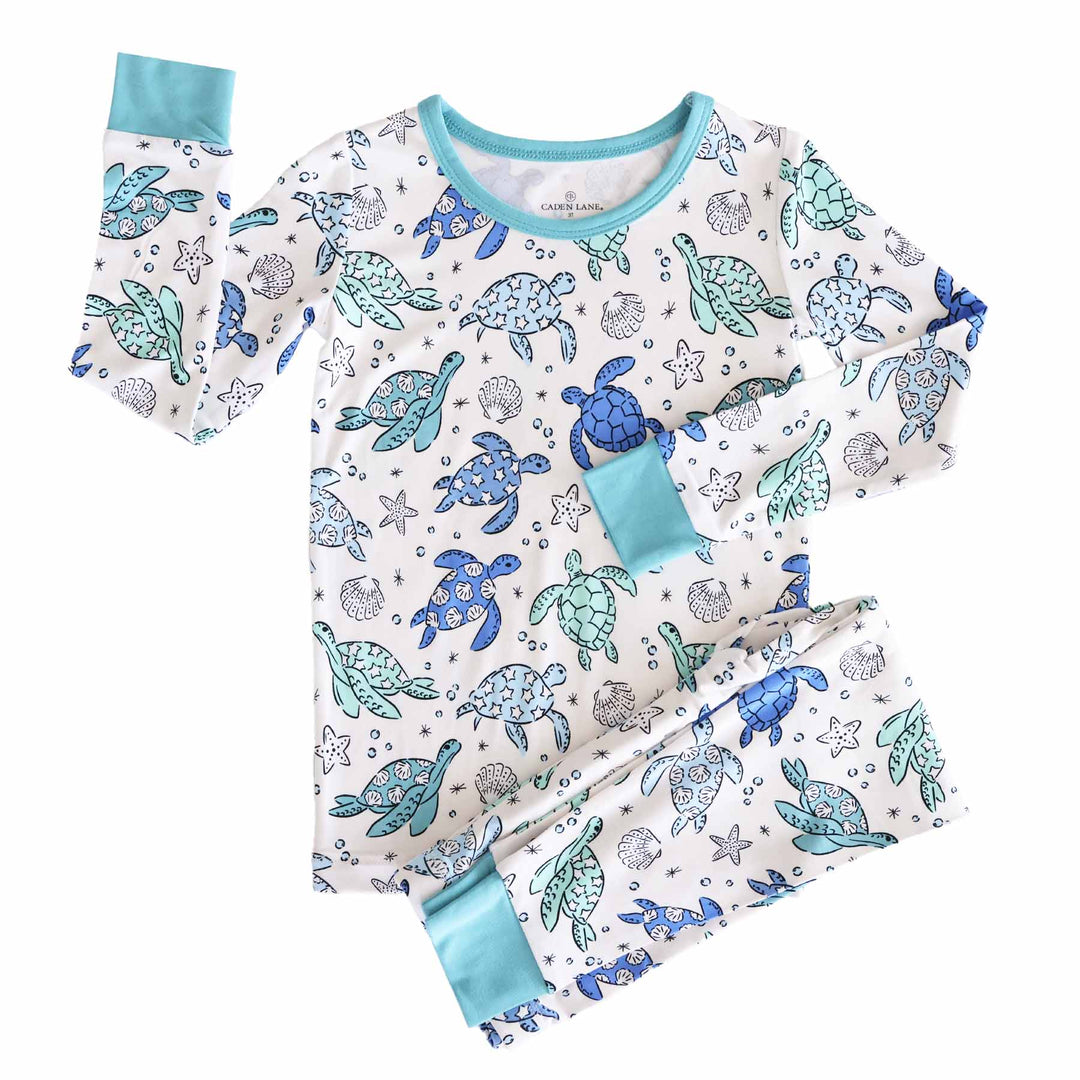 blue and green sea turtle two piece pajama set for kids 