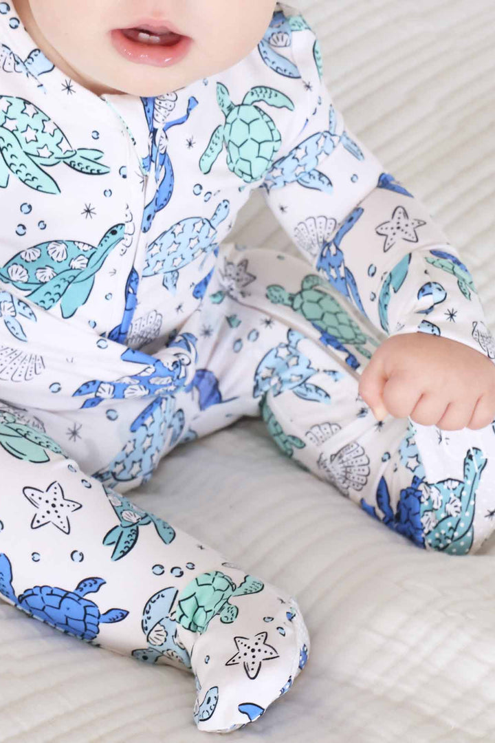 sea turtle splash bamboo baby zipper footie blue and green turtles 