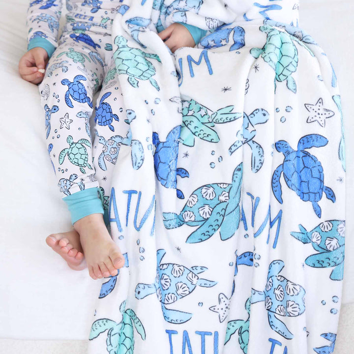 blue and green sea turtle personalized kids blanket 