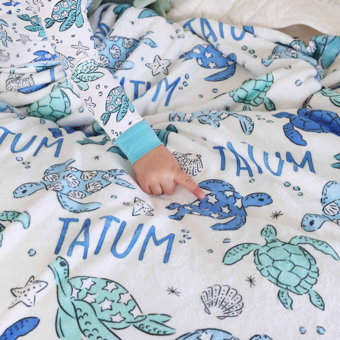 blue and green sea turtle personalized blanket for kids
