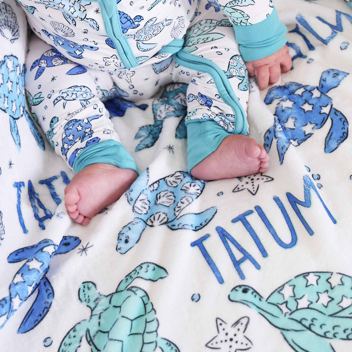 ocean turtle, seashell, and starfish personalized name blanket for kids 