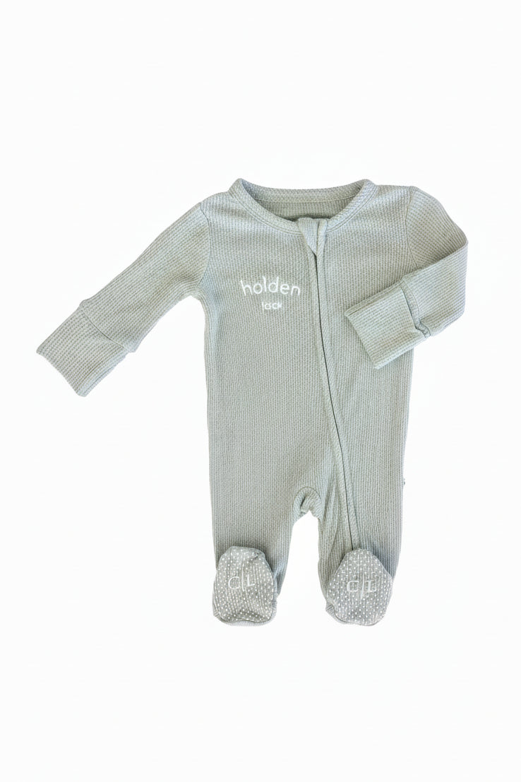 baby zipper footie light green embroidered with name 