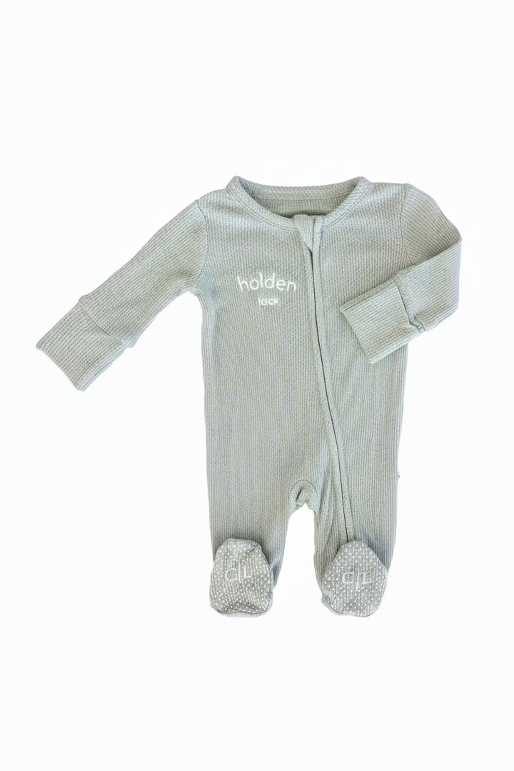 baby zipper footie light green embroidered with name 