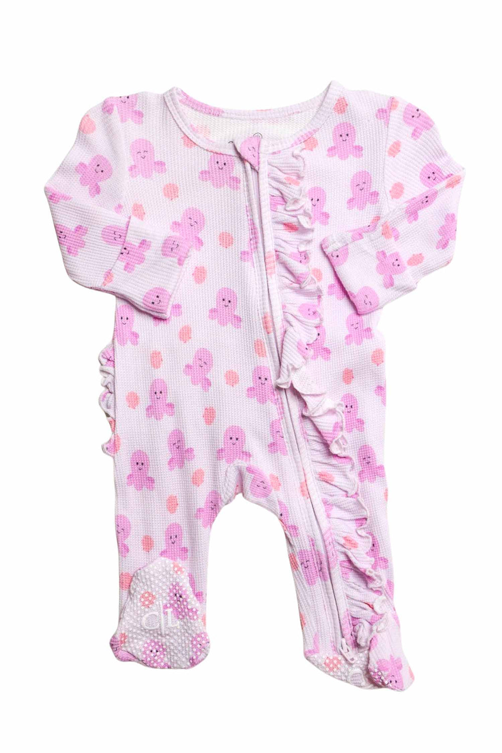 sea snuggles bamboo waffle ruffle zipper footie — flat lay front view showing center zipper and ruffle trim