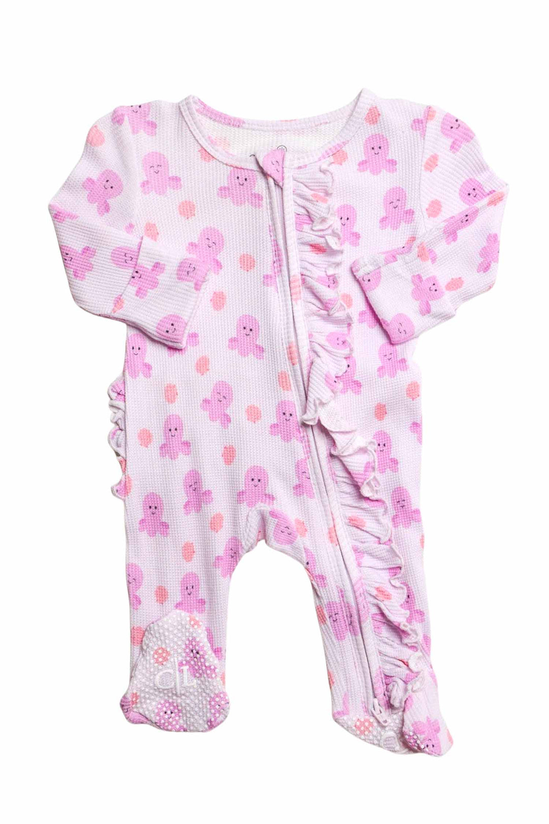 sea snuggles bamboo waffle ruffle zipper footie — flat lay front view showing center zipper and ruffle trim