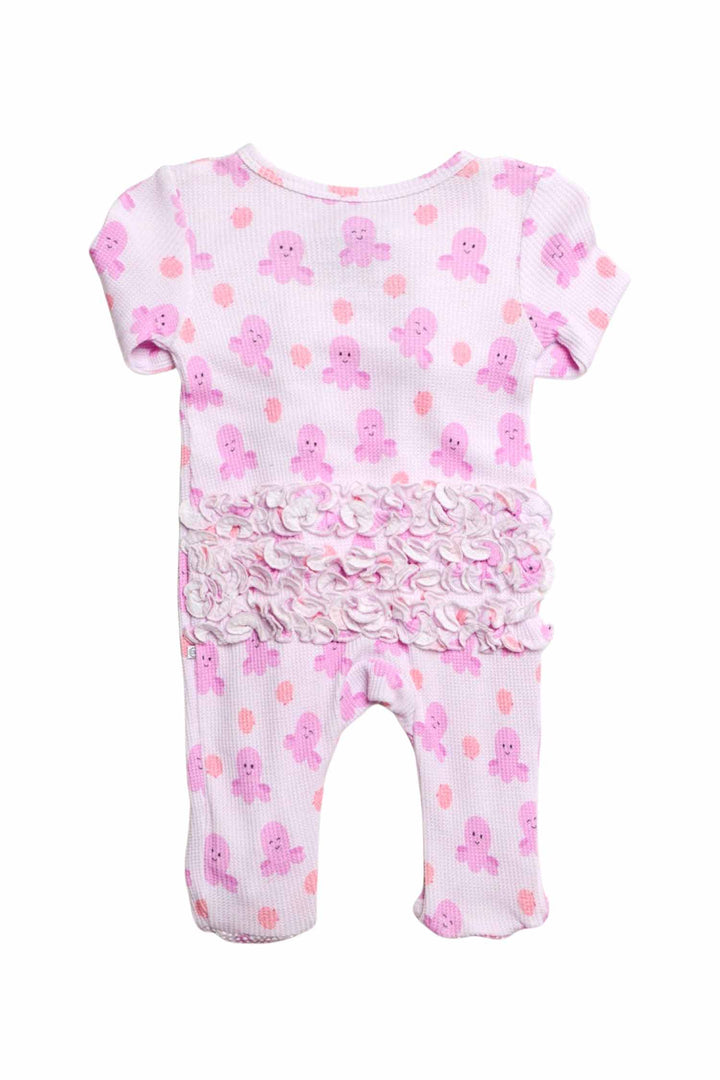 sea snuggles bamboo waffle ruffle zipper footie — flat lay back view showing ruffle bum detail
