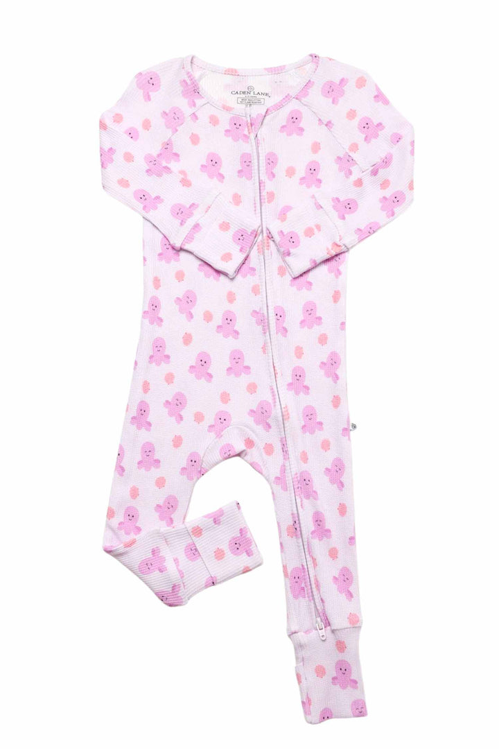 sea snuggles bamboo waffle convertible zip romper — flat lay front view showing center zipper and convertible fold-down foot cuffs