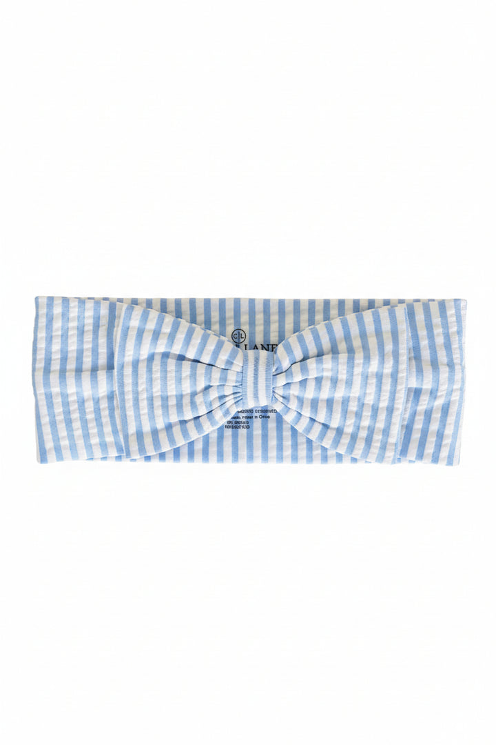 swim bow headwrap for girls in seersucker blue