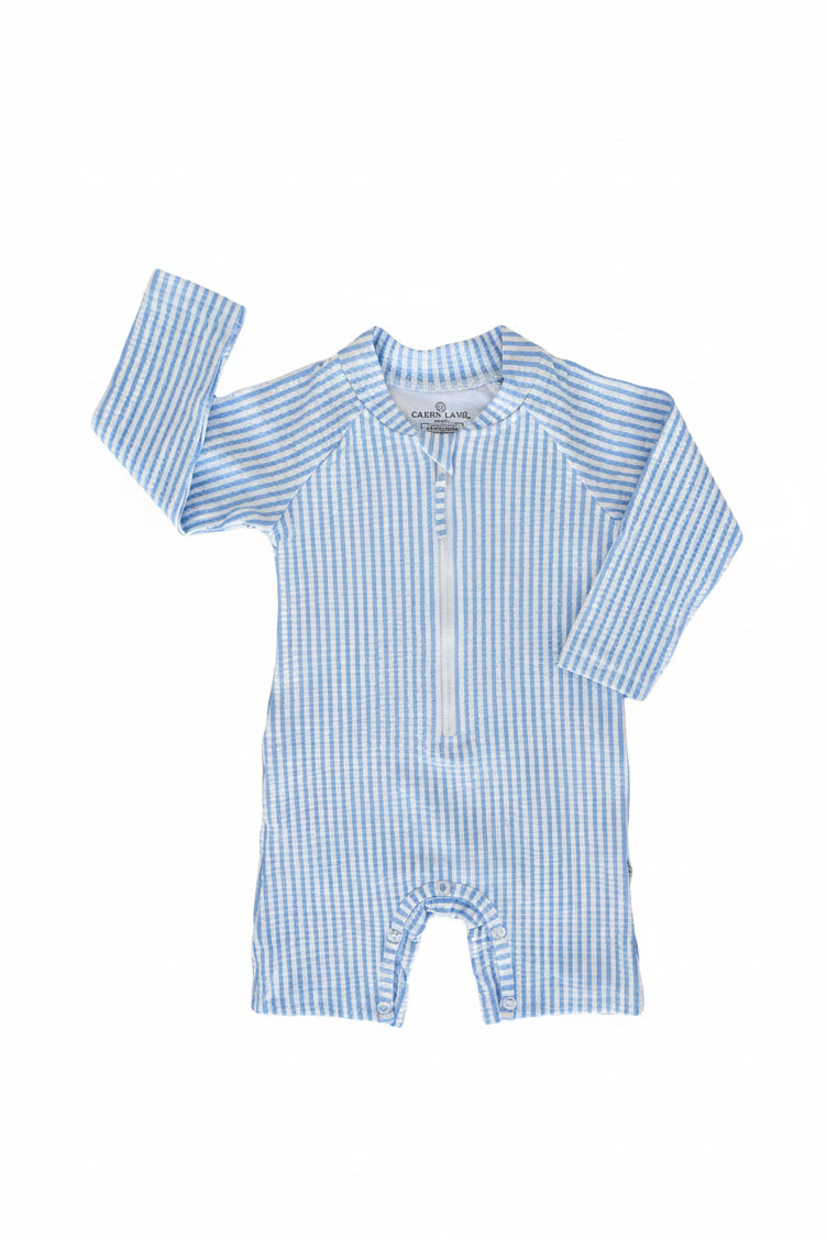 lightweight and breathable long sleeve rash guard shortie in seersucker blue for kids