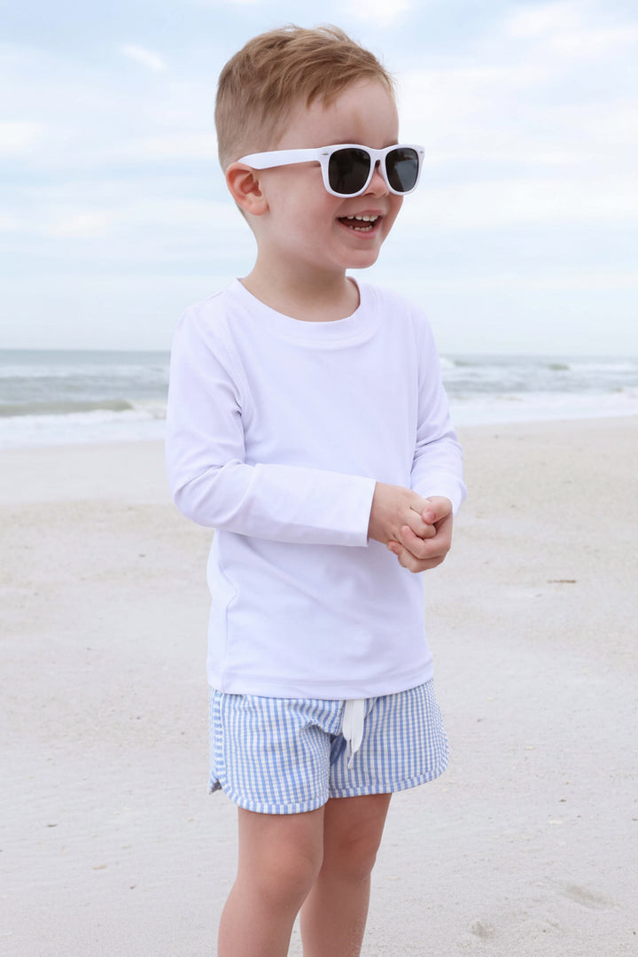 swim trunks for boys blue and white seersucker with adjustable tie 