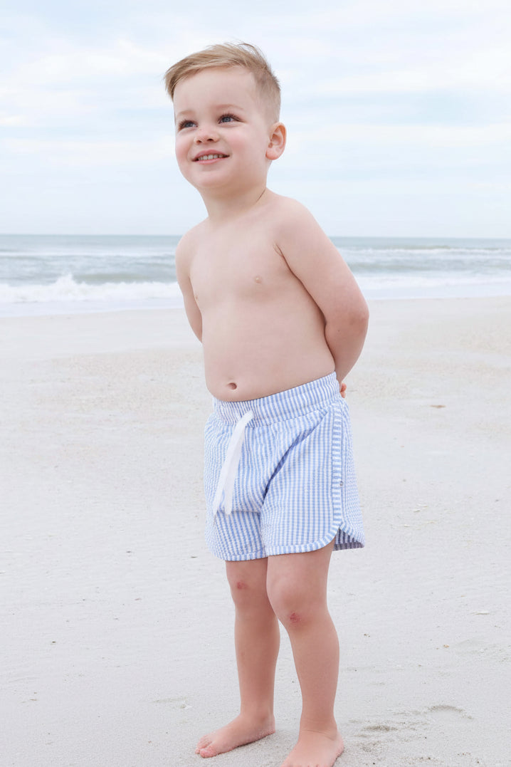 blue seersucker adjustable swim trunks for boys 