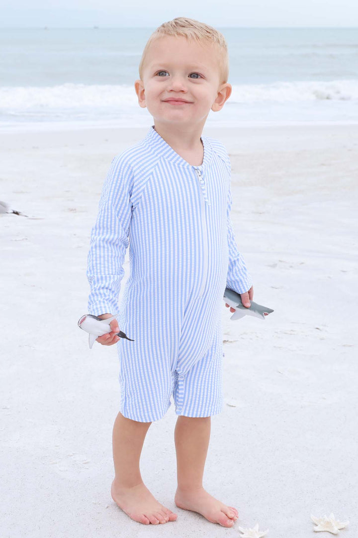 seersucker swimsuit romper for babies blue 