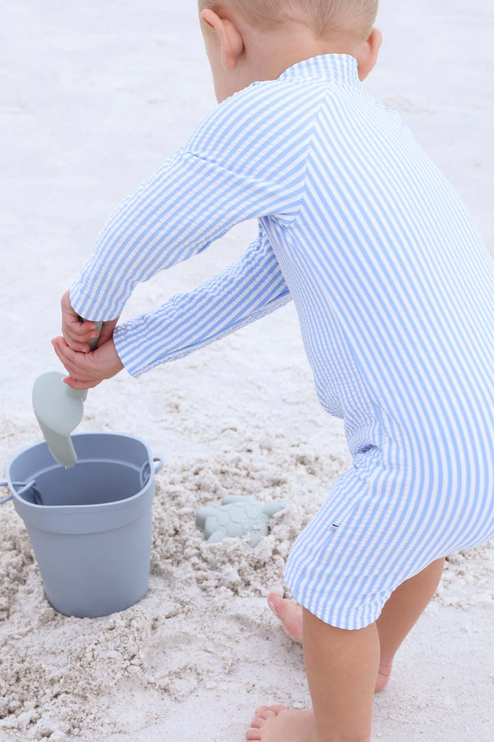long sleeve rash guard swim romper shortie blue seersucker 
