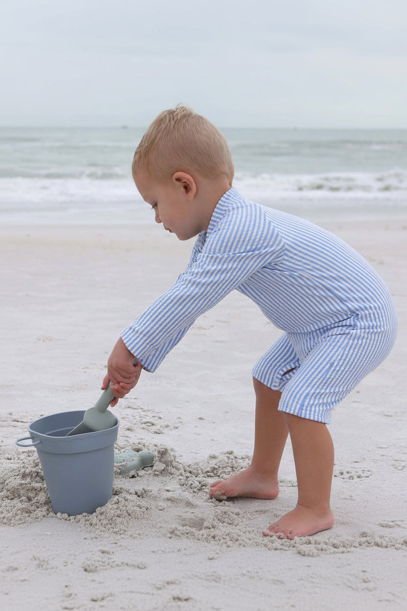 blue seersucker short romper 