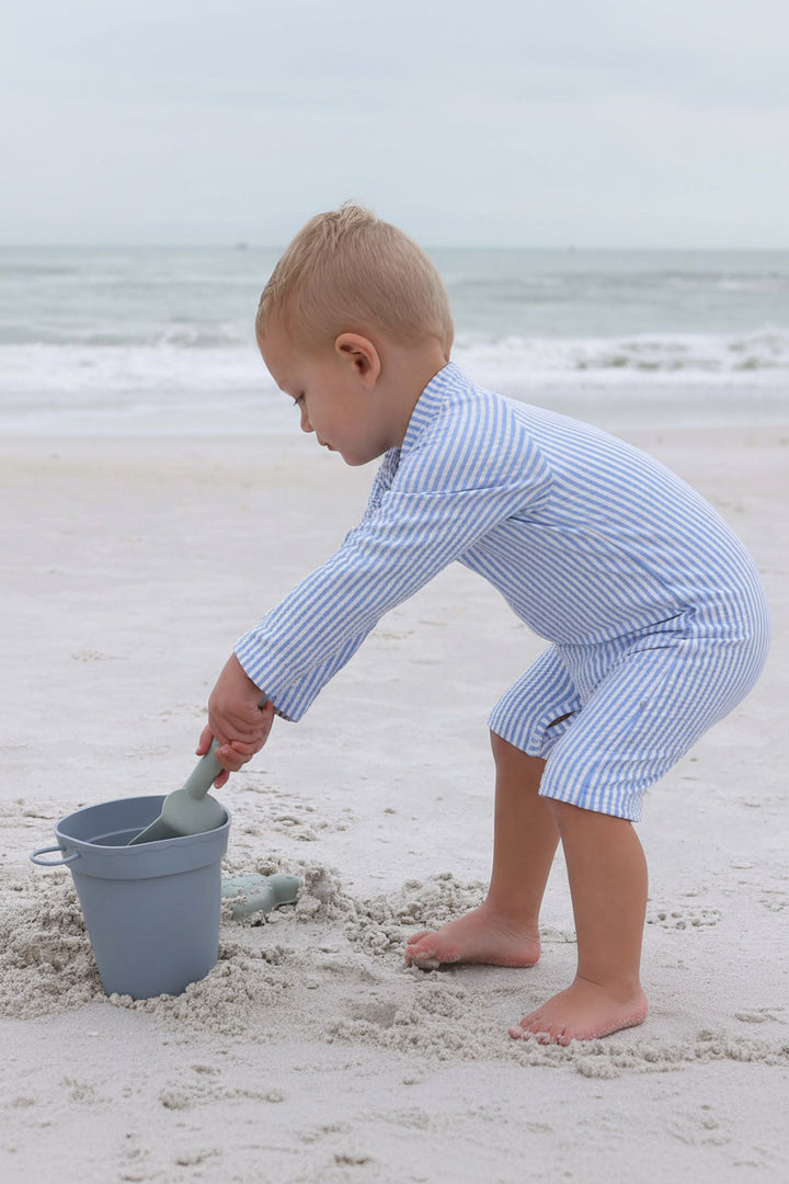 blue seersucker short romper 