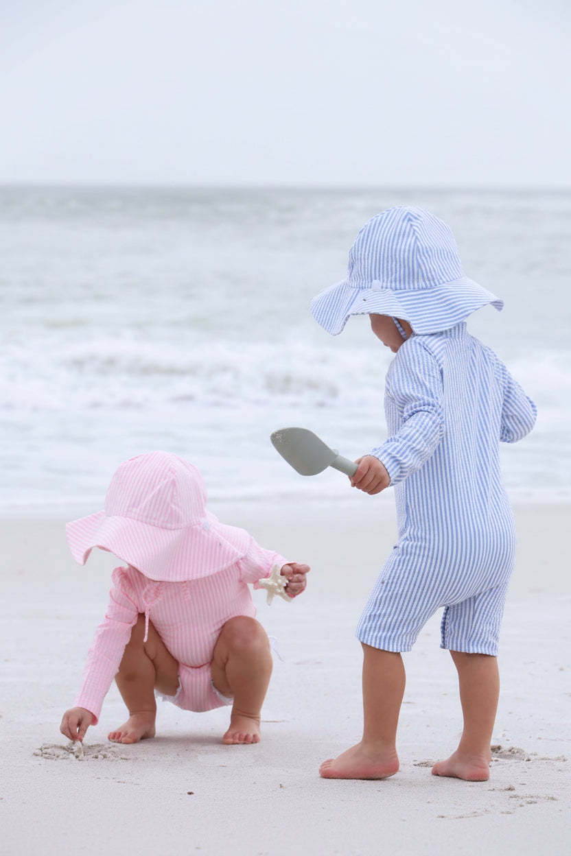 seersucker romper shortie matching for siblings pink and blue 