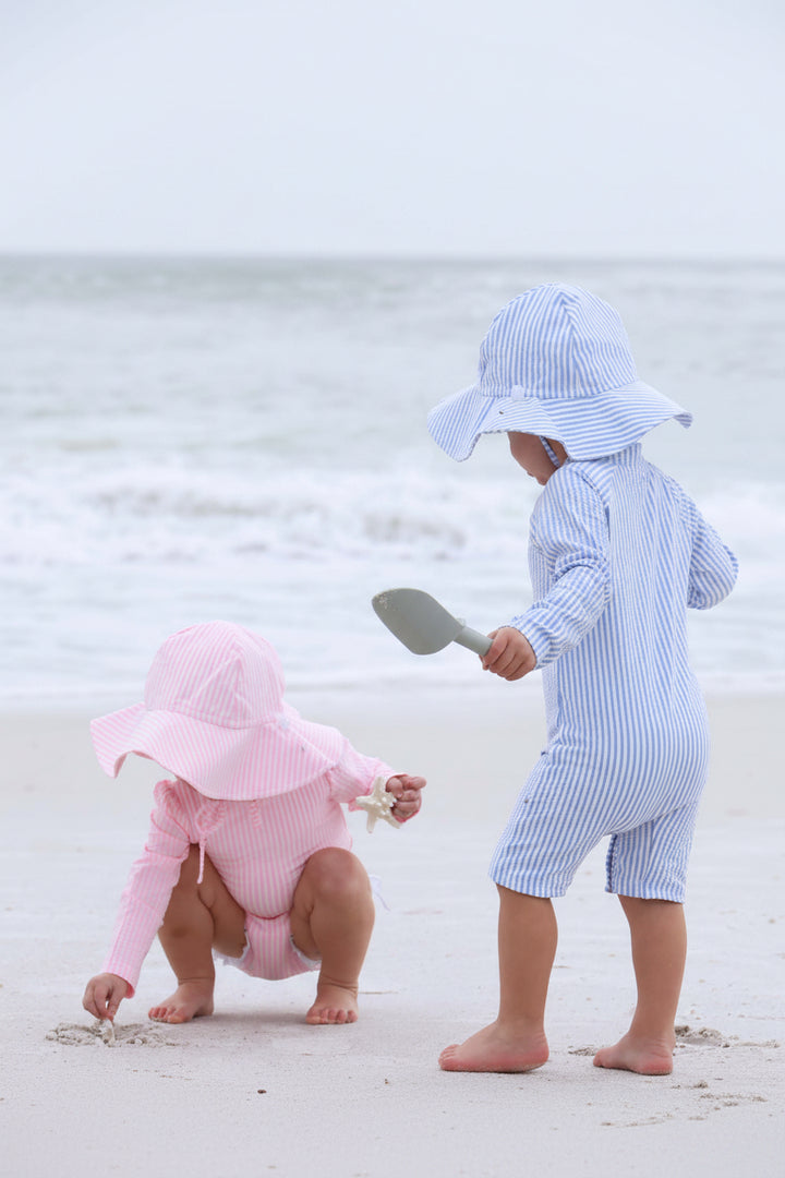 seersucker romper shortie matching for siblings pink and blue 