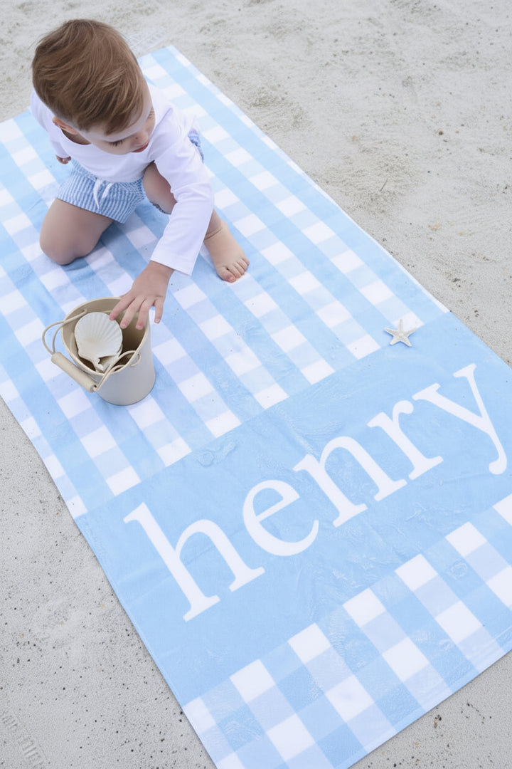 personalized seersucker towel for siblings pink and blue 
