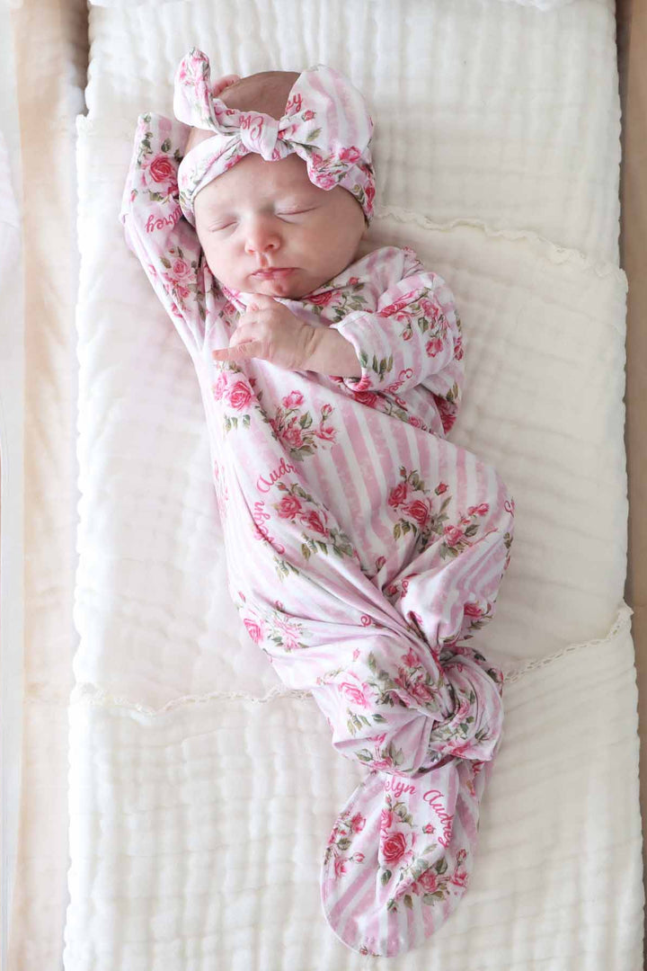 floral and strip personalized knot gown for girls 