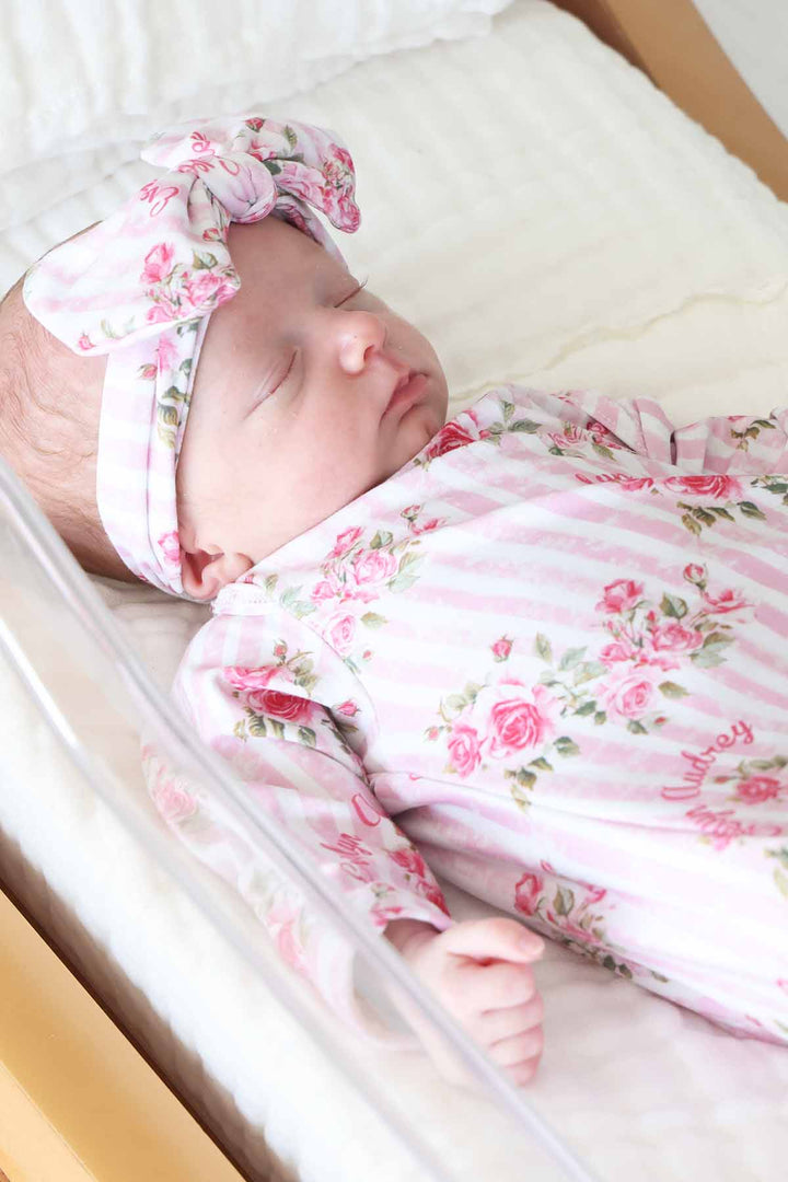 rose and stripe personalized knot gown for girls 