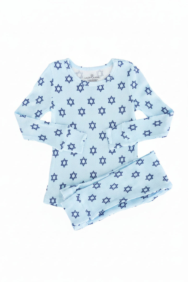 Caden Lane light blue hanukkah pajamas with navy stars of david 