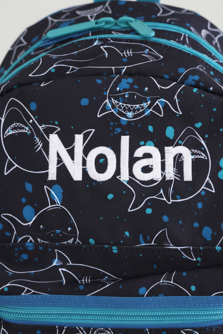 shark attack white thread embroidered name backpack for boys 