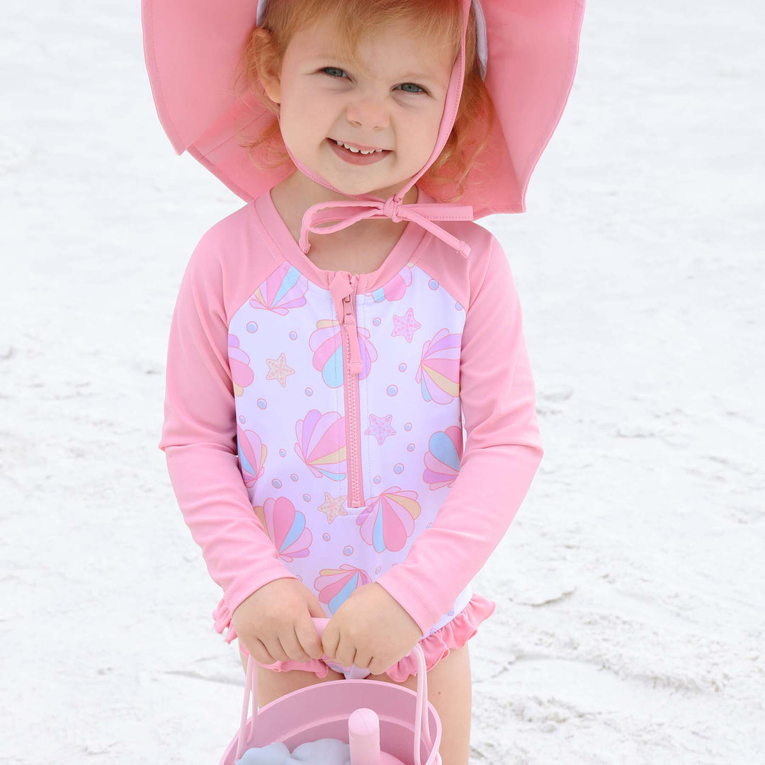shell yeah seashell rash guard swimsuit for girls pink