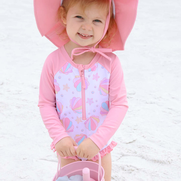 shell yeah seashell rash guard swimsuit for girls pink