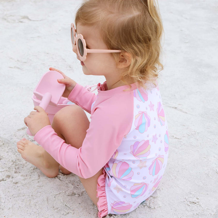 pink seashell long sleeve rash guard with front zipper 
