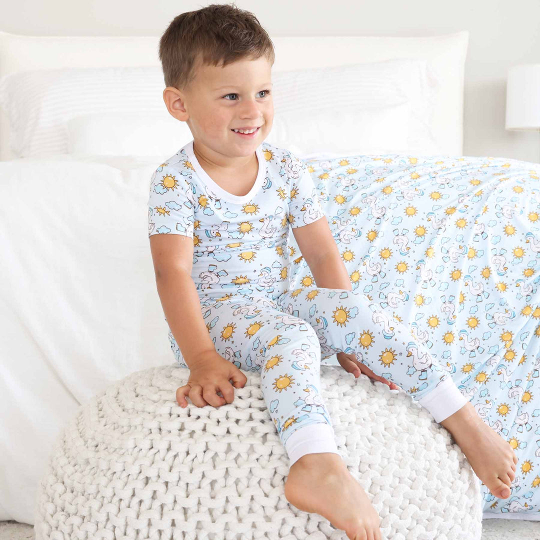 silly goose blue sibling matching pajamas 