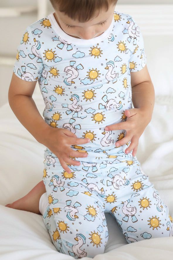 two piece pajama set for boys blue and yellow with geese