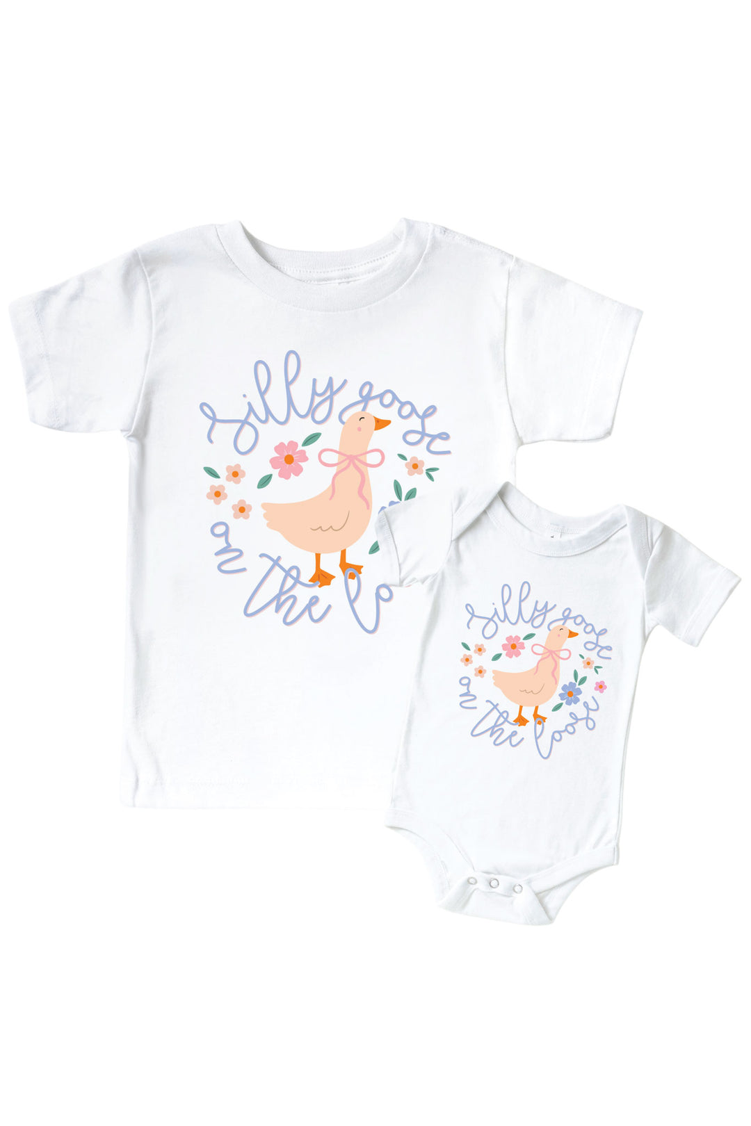 White kids tee and baby bodysuit mockup with Silly Goose On The Loose graphic featuring a goose surrounded by flowers on a white background