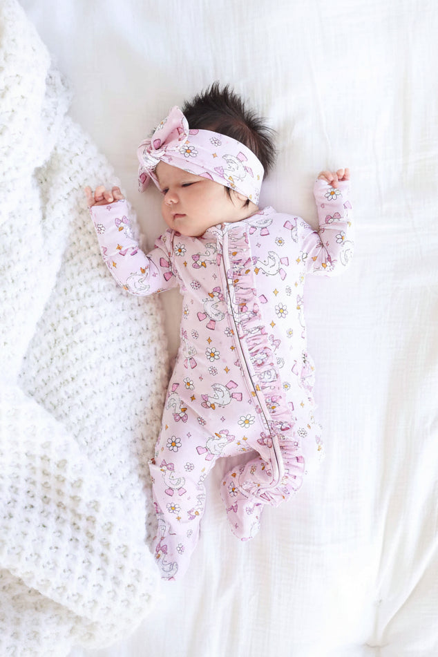 pink ruffle zipper footie for baby girls silly goose