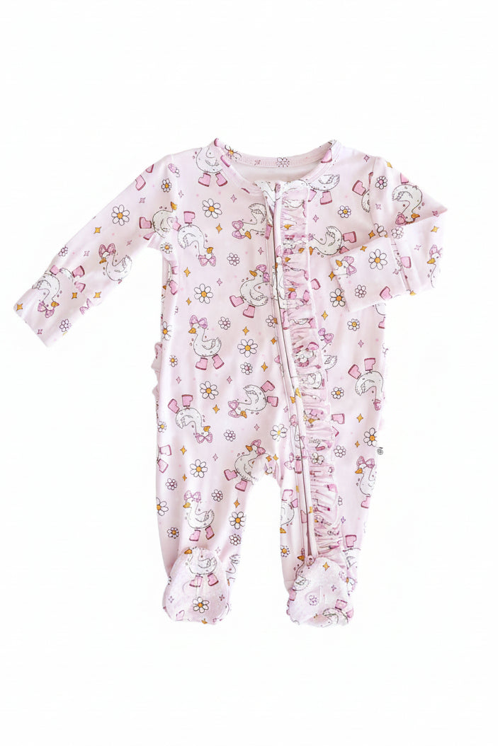 Silly Goose Ruffle Zipper Footie | Pink