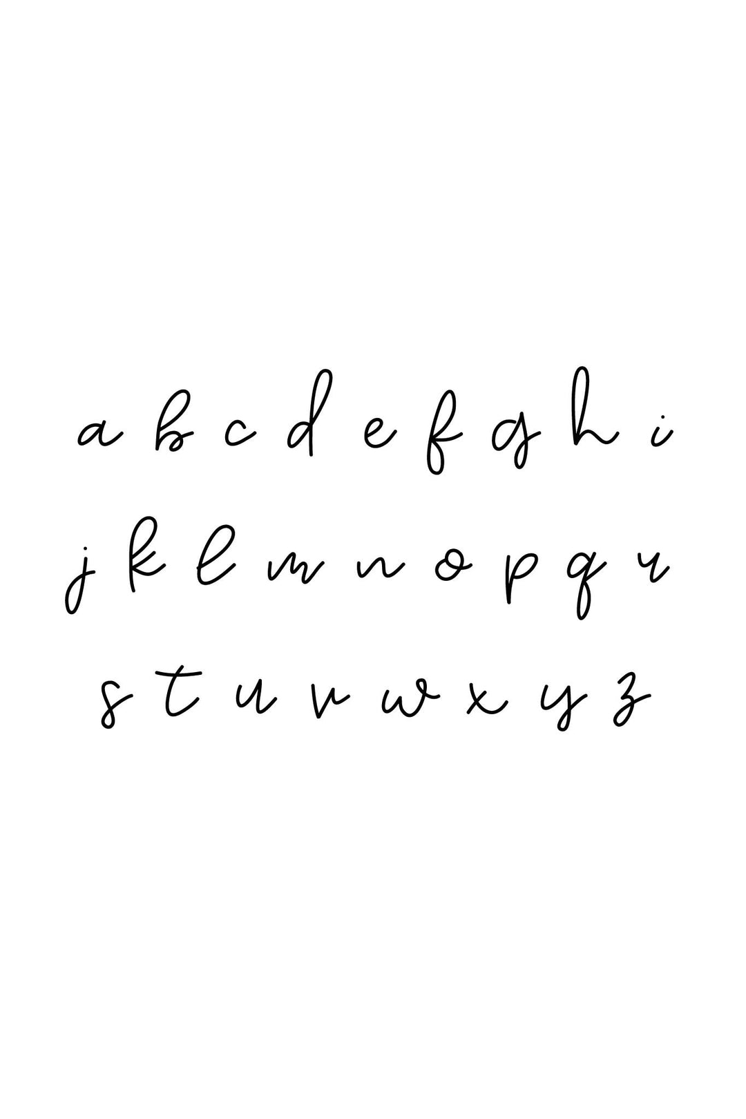 Sample of the all-lowercase cursive script font used for personalization, showing the full alphabet from a to z