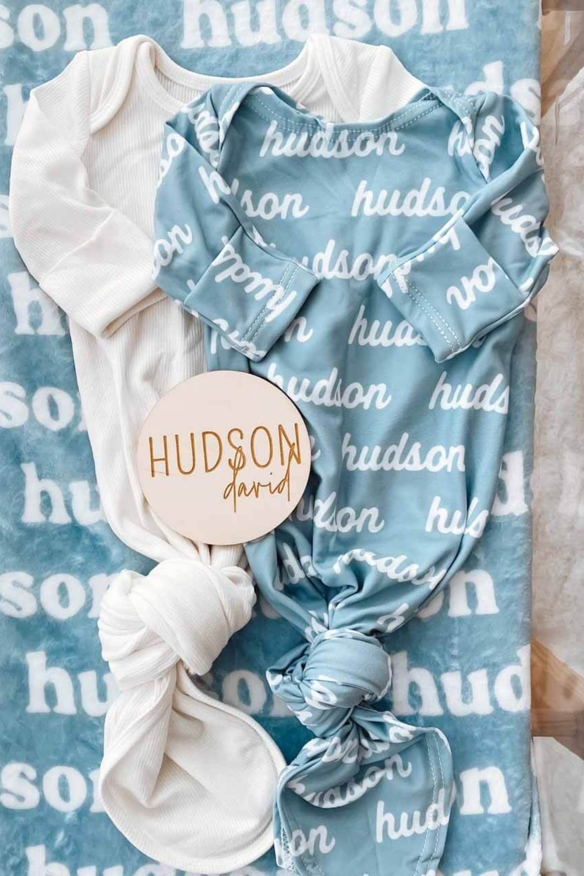Personalized Newborn Baby Knot Gown | Solid Sky